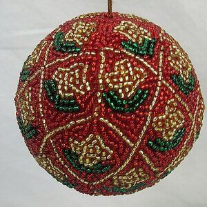Handmade Christmas Ornament Beaded Holiday Decoration Red Green Gold Round 4”
